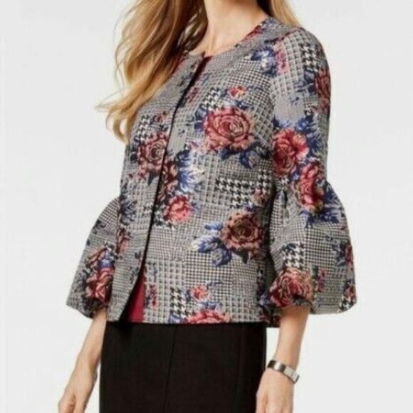 Women's Alfani Blazer Jacket Houndstooth Roses Gold Metallic Bishop Sleeve S - Picture 2 of 10